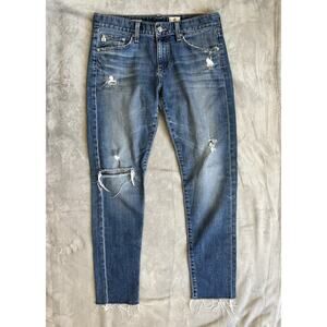 AG Nikki Relaxed Skinny 27R Raw Hem Cropped Distressed Torn Jeans Medium Wash